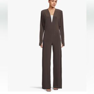 Norma Kamali Brown Jumpsuit dolman deep v wide leg shoulder pads Revolve XS